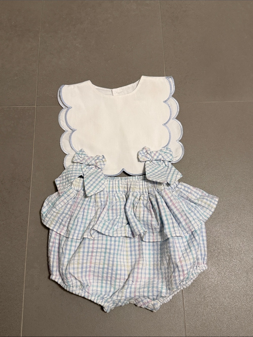 White Scalloped open sided top & Pastel Plaid Bubble Romper Set